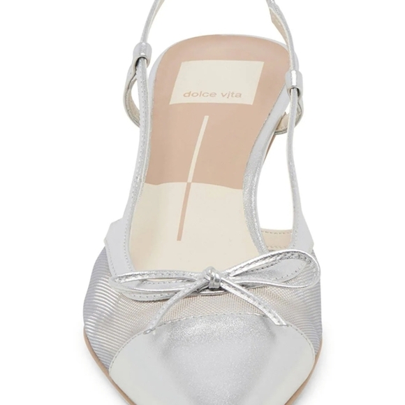 🩶🔹️Dolce Vita🔹️ KANDI Heels Silver Mesh Pointed Toe Bow Kitten Heel Slingback - Picture 6 of 8